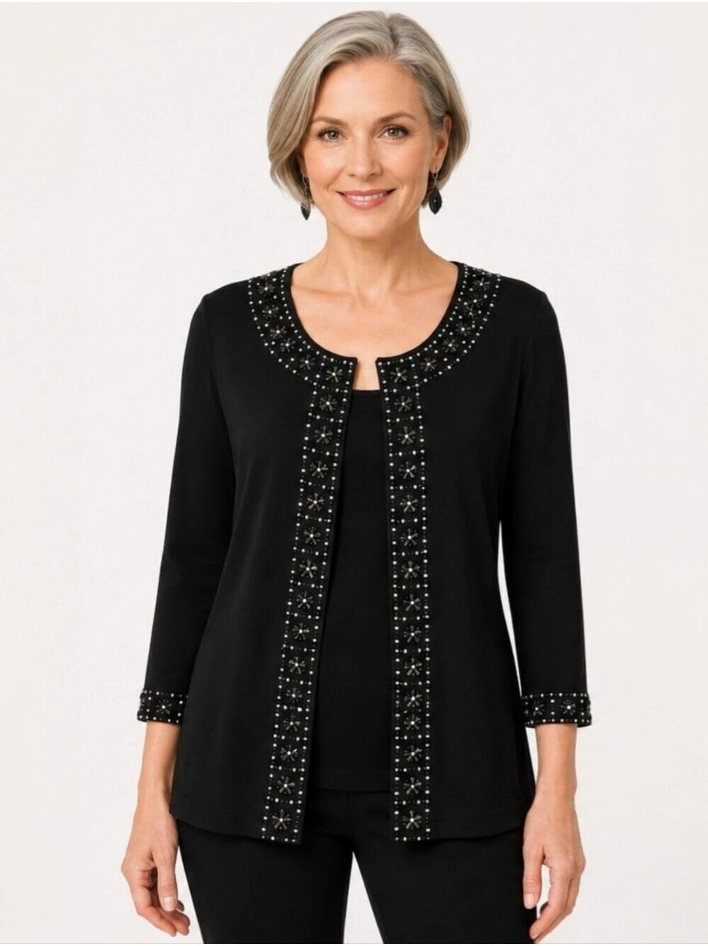 Chico’s Travelers Very Black Beaded Cardigan Size 8 Small/Chico's 1